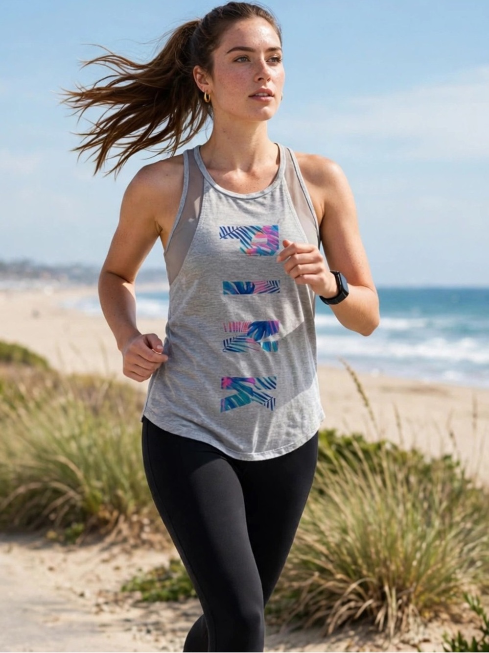 Victorias Secret Pink Tank XS Grey Tropical Graphic Mesh Back Racer Athletic